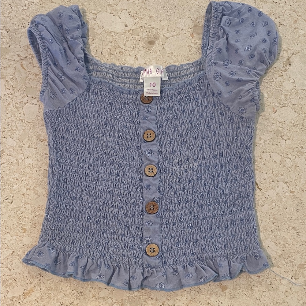 Blue Smocked Button-Up Top